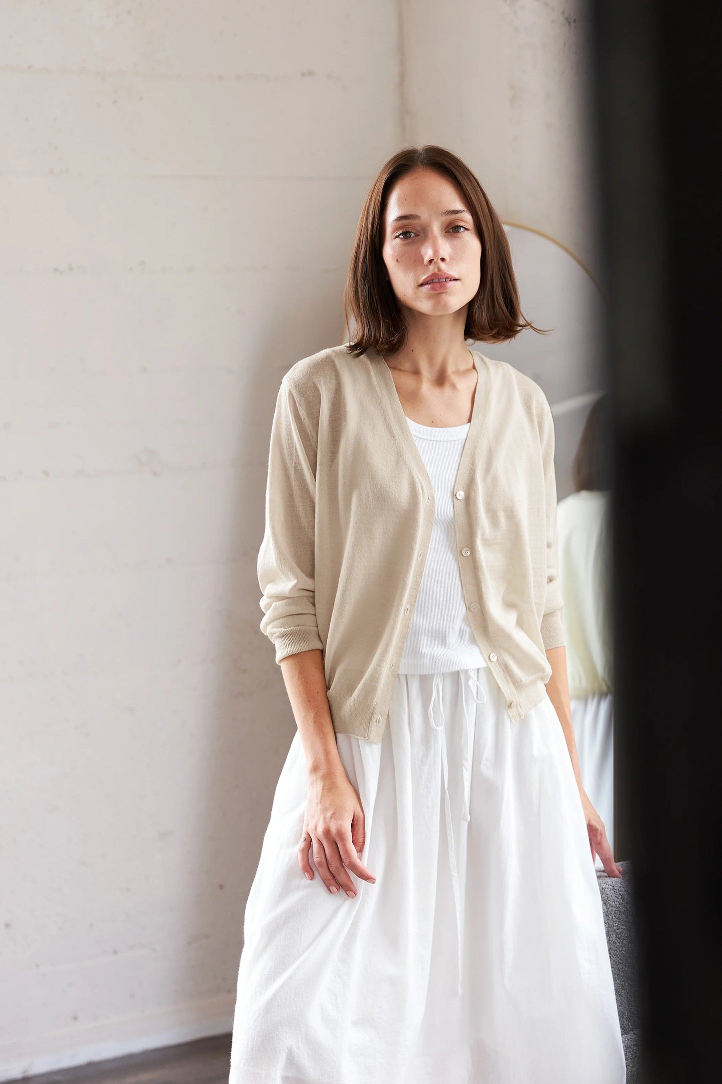 SS24 - It is Well L.A - Light Weight Cardigan in Natural - front on model 1