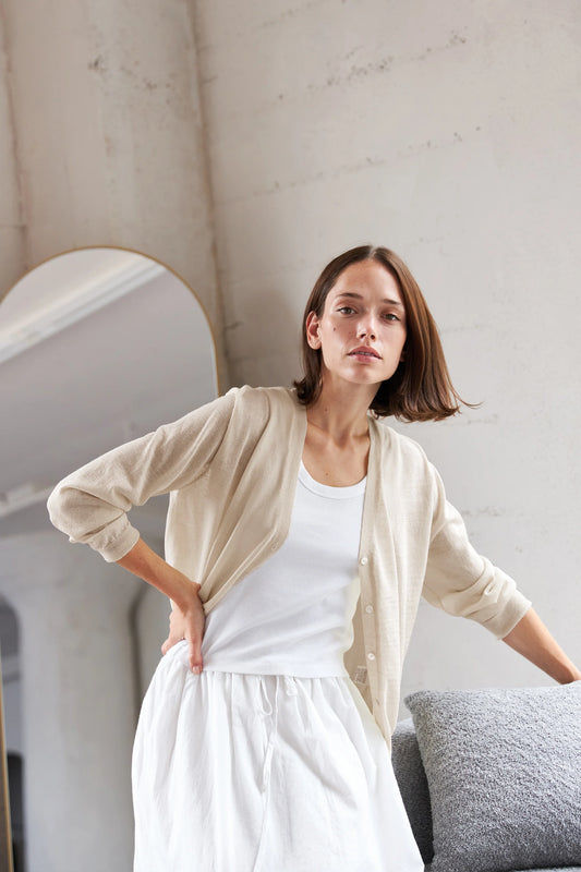 SS24 - It is Well L.A - Light Weight Cardigan in Natural - front on model 2