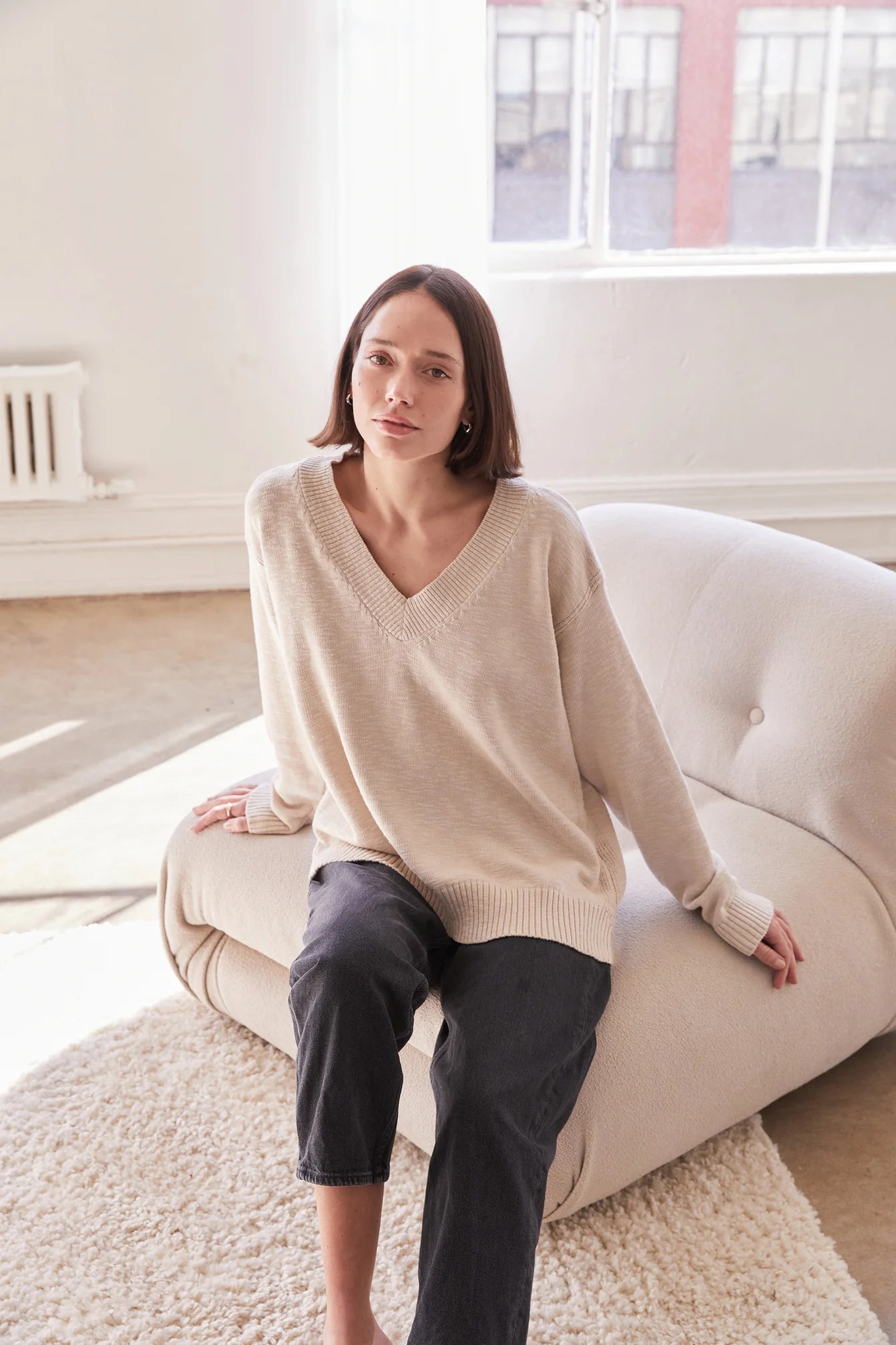 V Neck Boxy Sweater in Natural Textile Apparel
