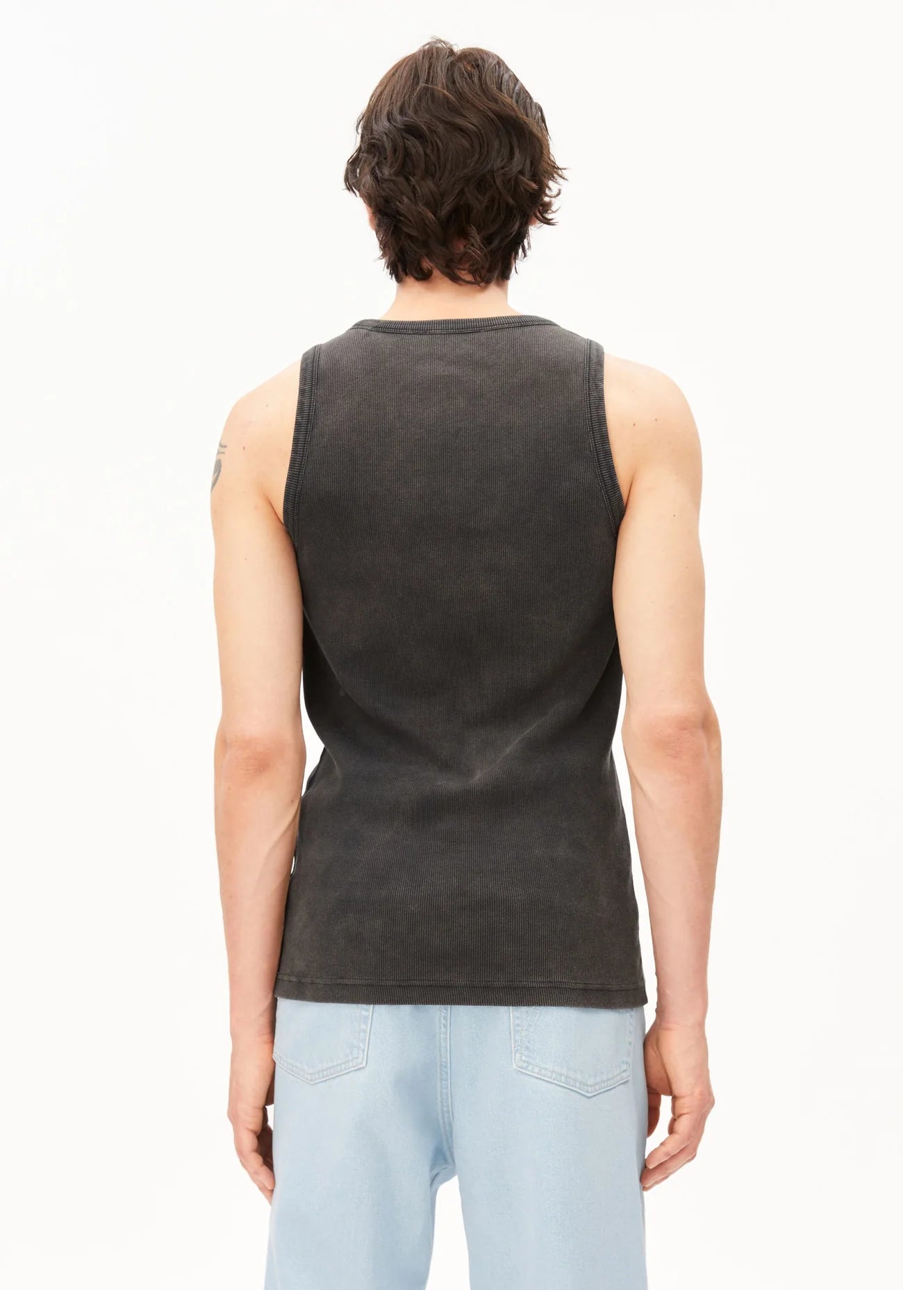 GMT DYE TANK TOP in Black-wash - ARMEDANGELS Canada garment dye black men's tank top back view on model showing length