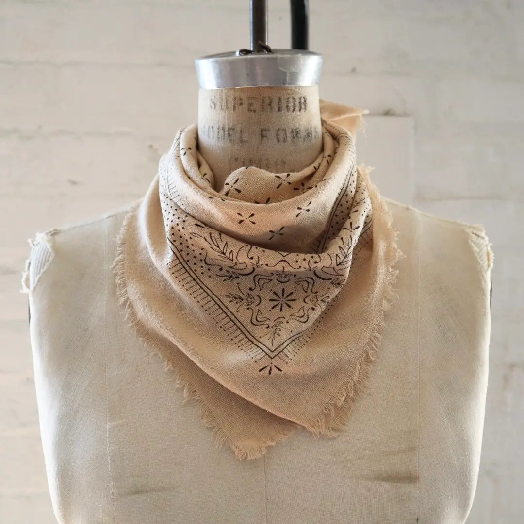 Eco Raw Studio - SS24 - Oatmeal Classic Print Naturally Raw Silk Bandana - Black Ink - display mannequin 2