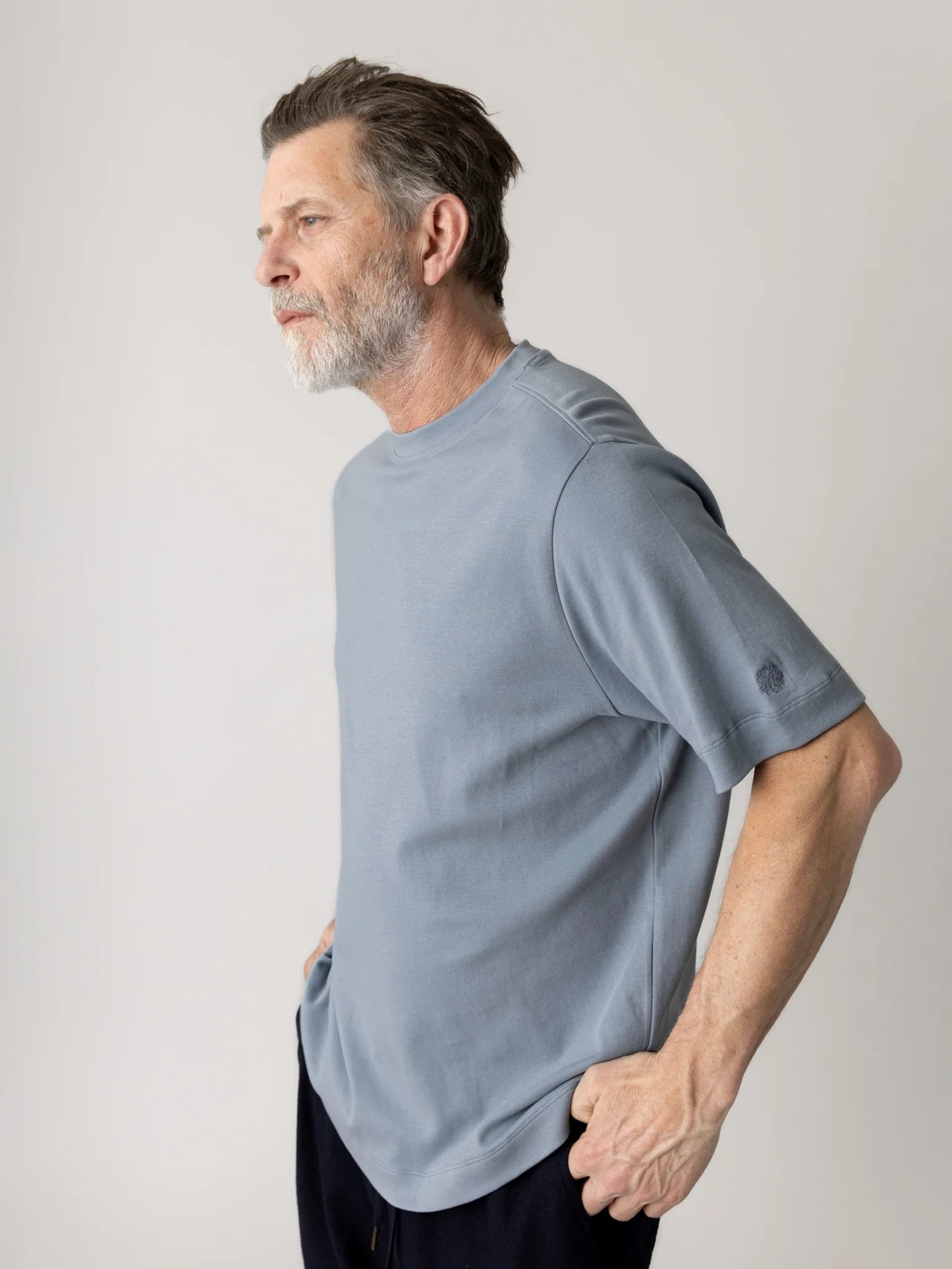 Mos Mosh Gallery men's flint stone colour crew neck cotton t-shirt with short sleeves and subtle chest logo in Kelowna