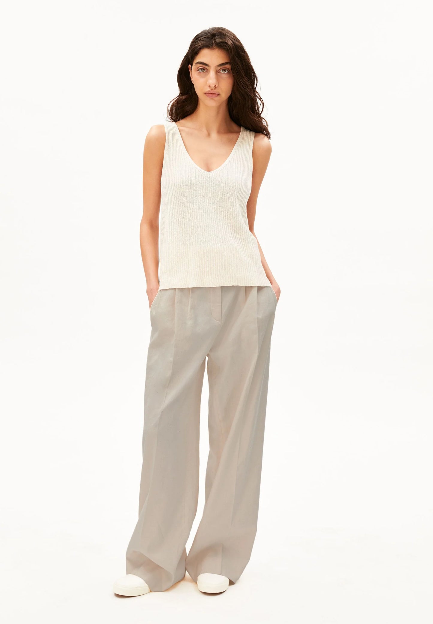 ARMEDANGELS Canada women's Linen Blend Knit Top in Undyed natural front shot full length on model in Kelowna