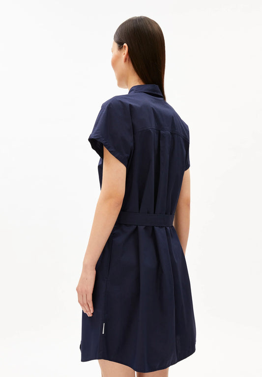 ARMEDANGELS LARISAANA Poplin Mini Dress in Tinted Navy, back shot, organic cotton in Kelowna