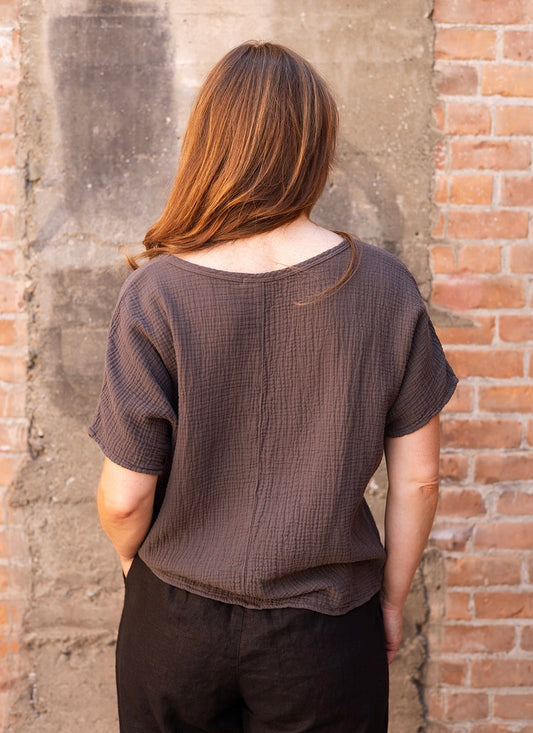 SS24 - It is Well L.A - Organic Gauze Short Sleeve Top in Charcoal - on model - on model back 2