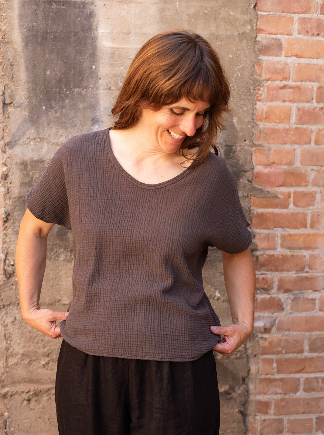 SS24 - It is Well L.A - Organic Gauze Short Sleeve Top in Charcoal - on model front 3