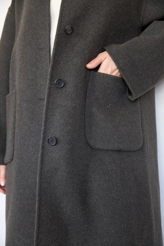 FW24 - It is Well L.A - Handmade Wool Maxi Coat in Charcoal Brown - front close up 2