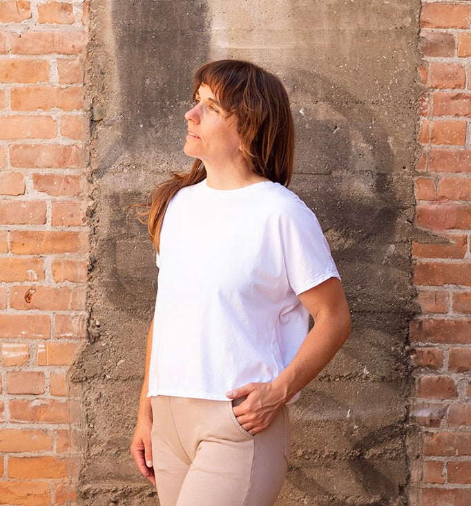 SS24 - It is Well L.A Organic Crewneck Boxy Tee in Salt - side on model 5