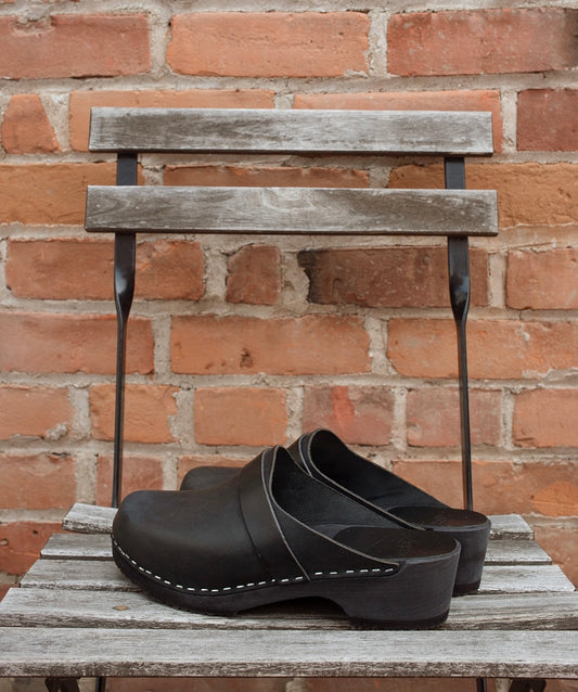 Elsa Classic Black Leather Clogs on Black Base
