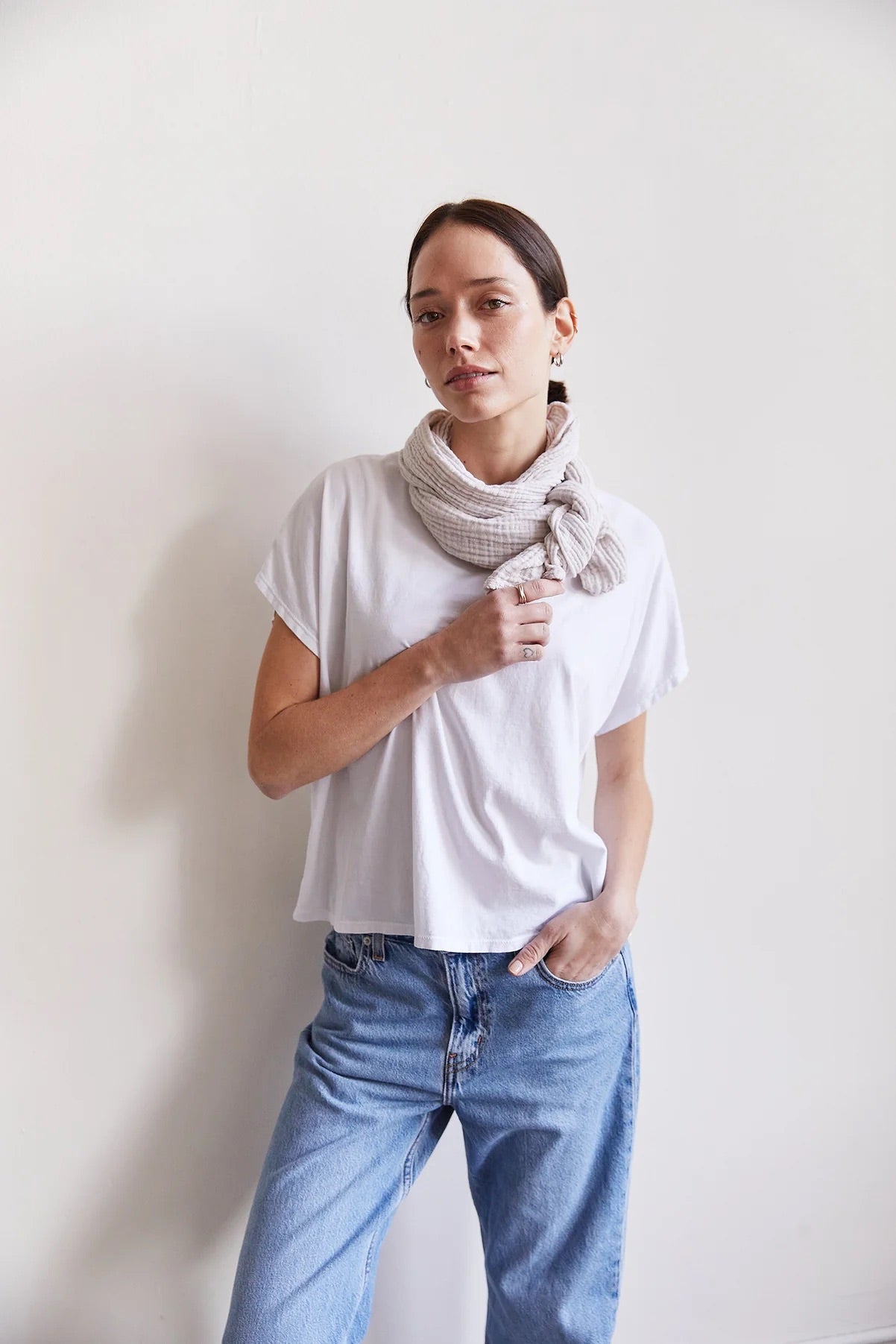SS24 - It is Well L.A Organic Crewneck Boxy Tee in Salt - front on model 3
