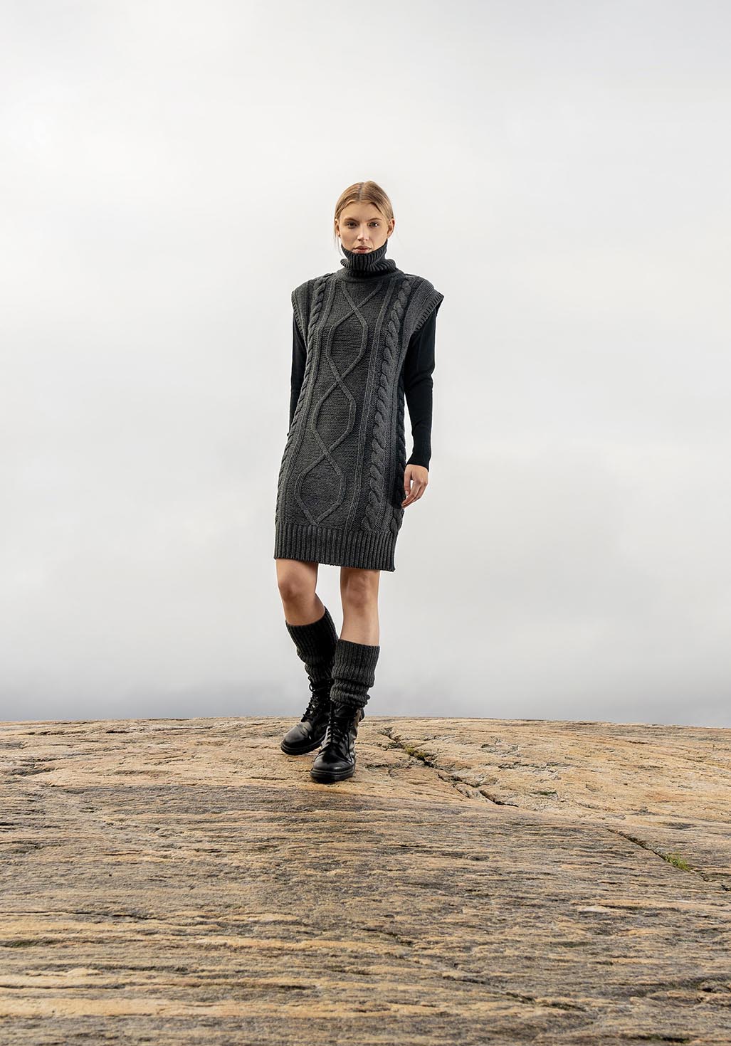 Merino Cable Dress in Charcoal Grey