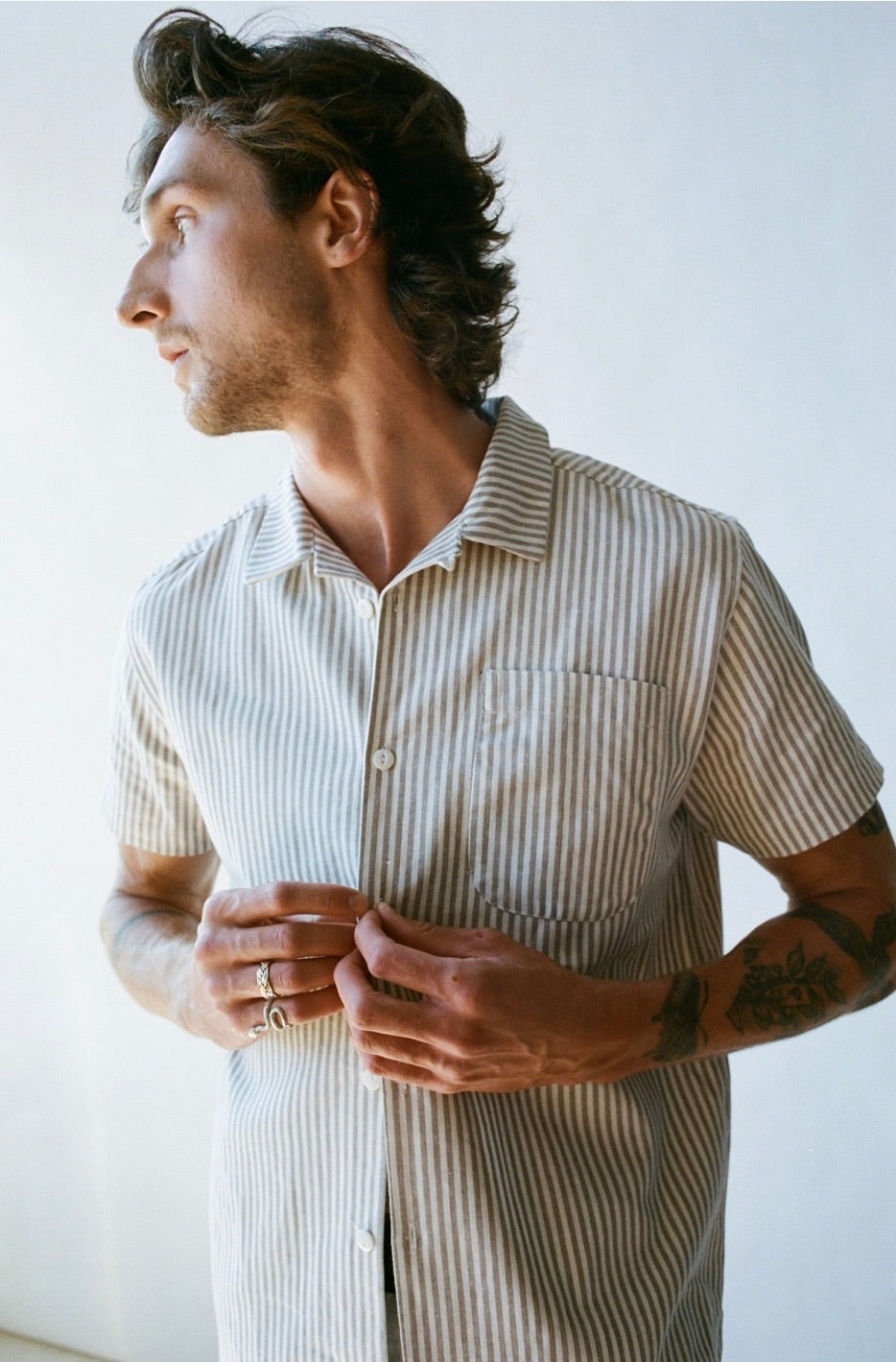 SS24 - Saturday Project - The Leisure Shirt in Natural Stipe - close-up front 2