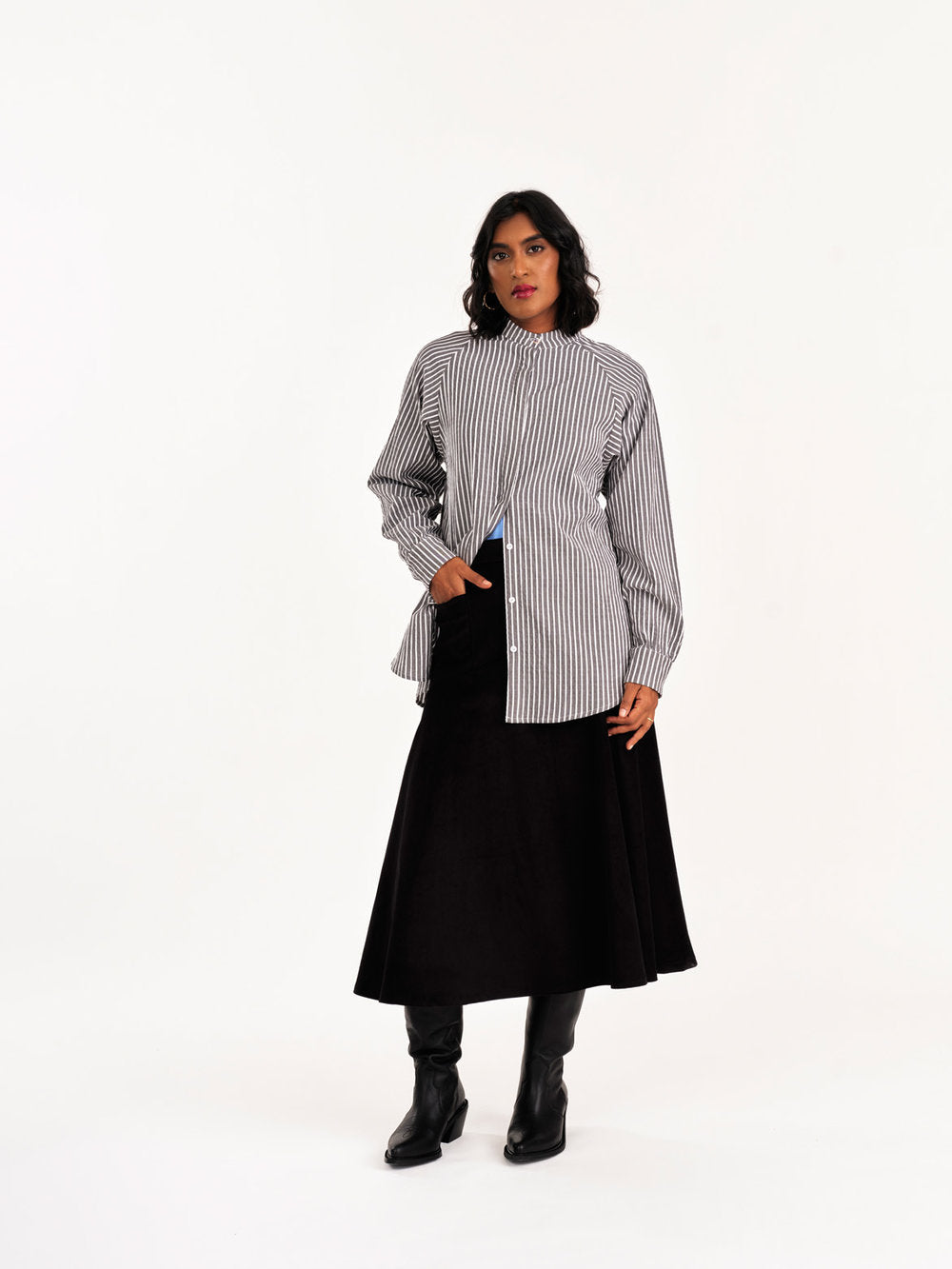 Jennifer Glasgow - FW24 - Adore Button-Up Shirt in Black Stripe - on model front 1