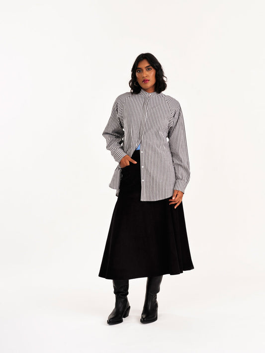 Jennifer Glasgow - FW24 - Adore Button-Up Shirt in Black Stripe - on model front 1