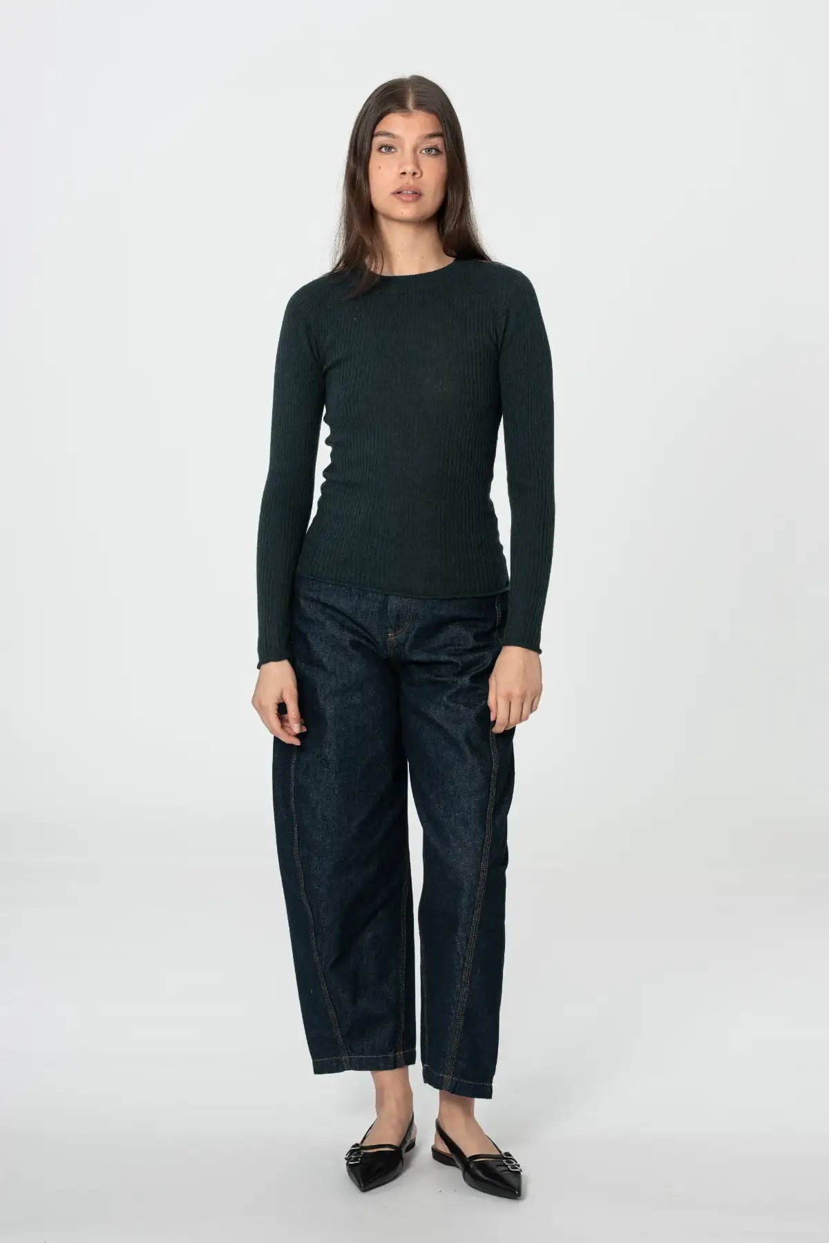 Merino Fitted Rib Sweater in Peacock Green