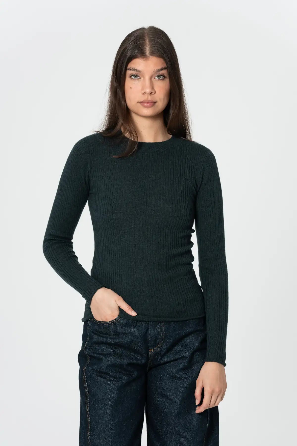 Merino Fitted Rib Sweater in Peacock Green