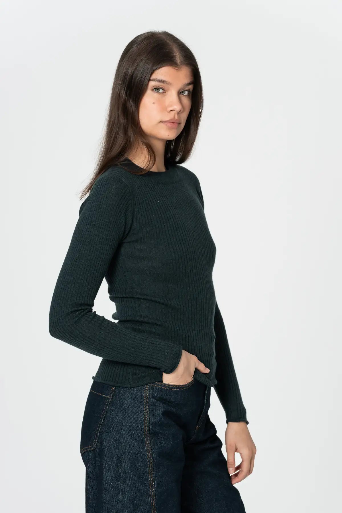 Merino Fitted Rib Sweater in Peacock Green