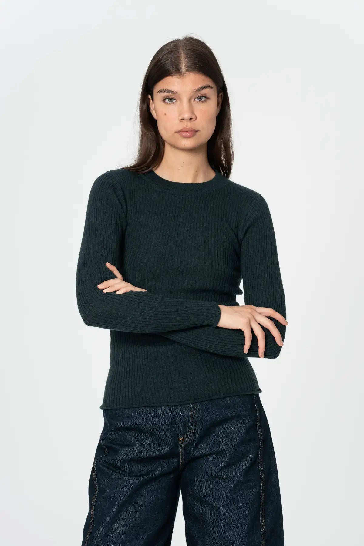 Merino Fitted Rib Sweater in Peacock Green