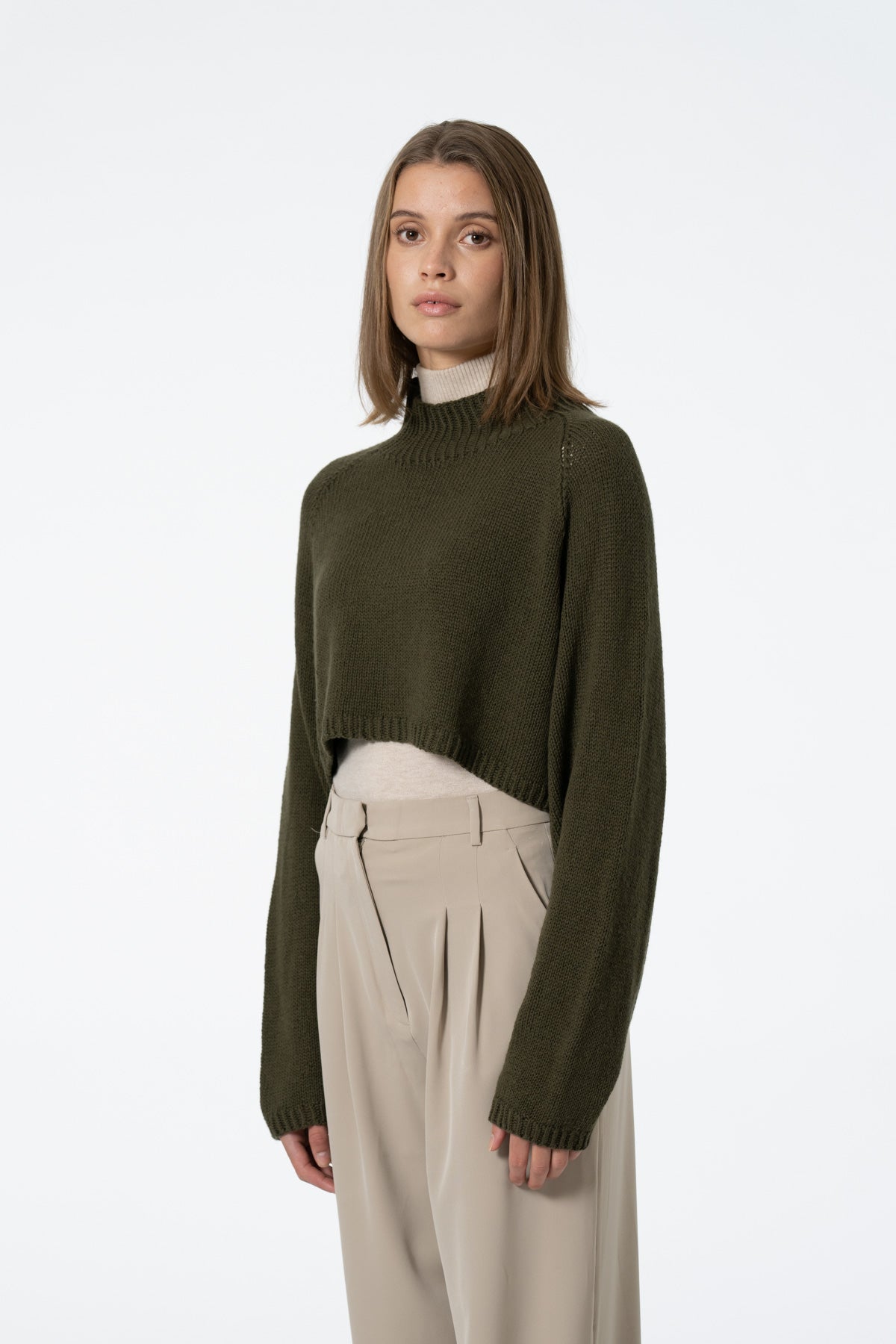 Dinadi Merino Cropped Sweater in Olive Green Fall 23/24