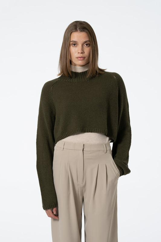 Dinadi Merino Cropped Sweater in Olive Green Fall 23/24