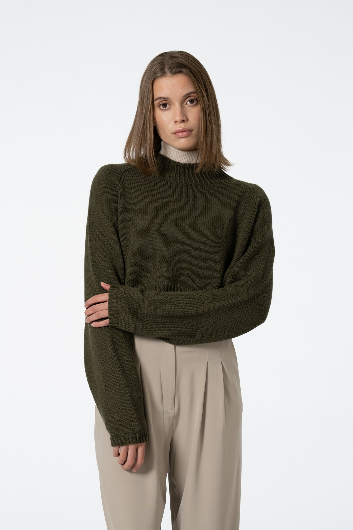 Dinadi Merino Cropped Sweater in Olive Green Fall 23/24