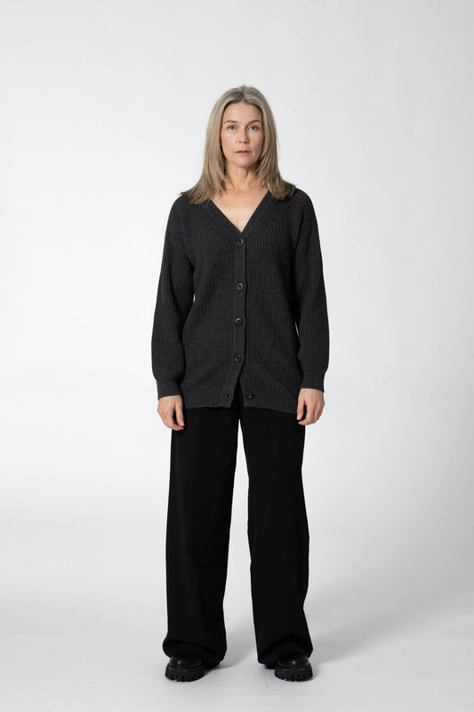 DINADI Merino Rib Cardigan in Charcoal Grey FALL 23/24