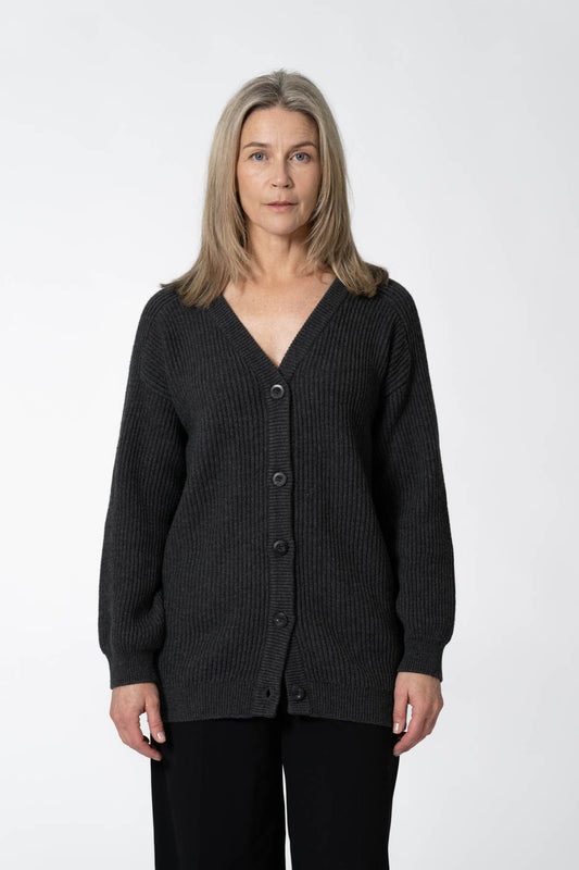 DINADI Merino Rib Cardigan in Charcoal Grey FALL 23/24
