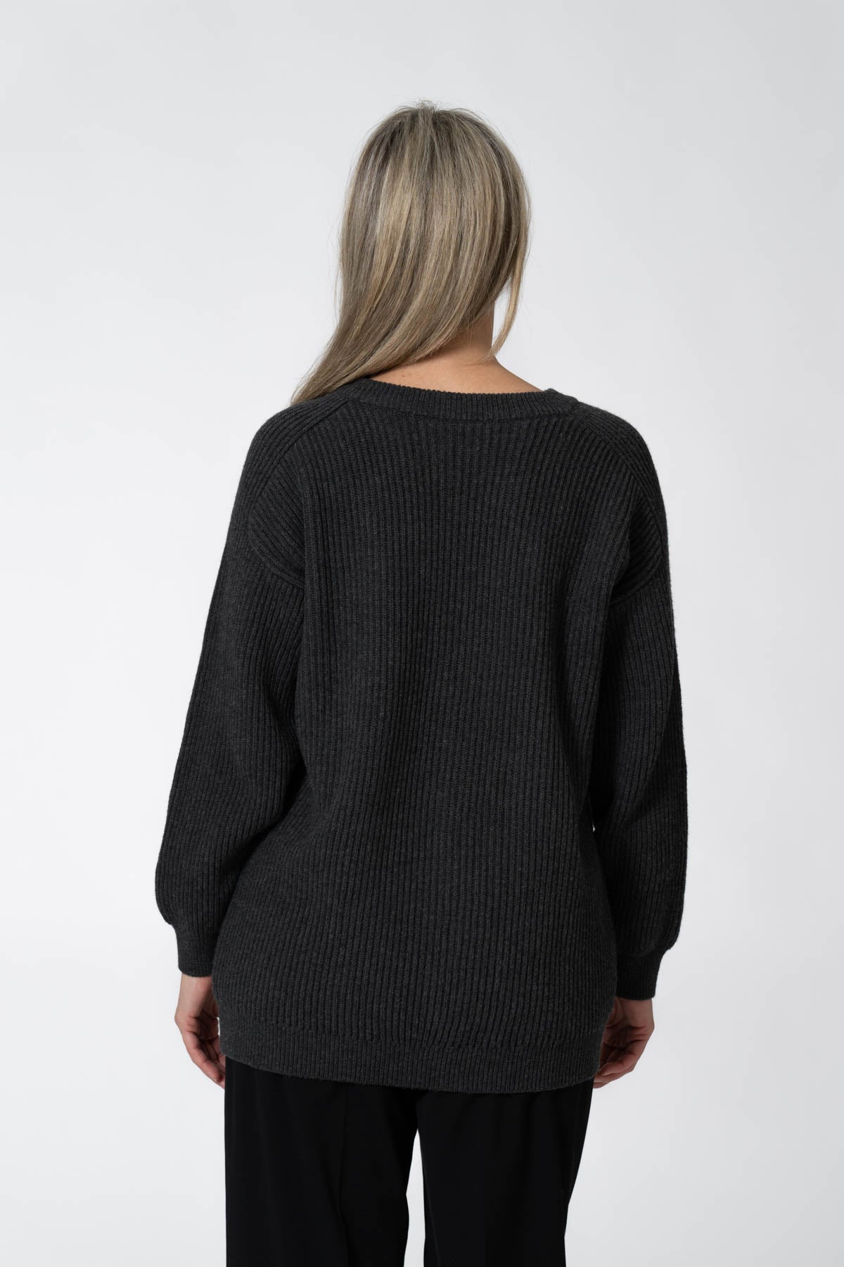 DINADI Merino Rib Cardigan in Charcoal Grey FALL 23/24