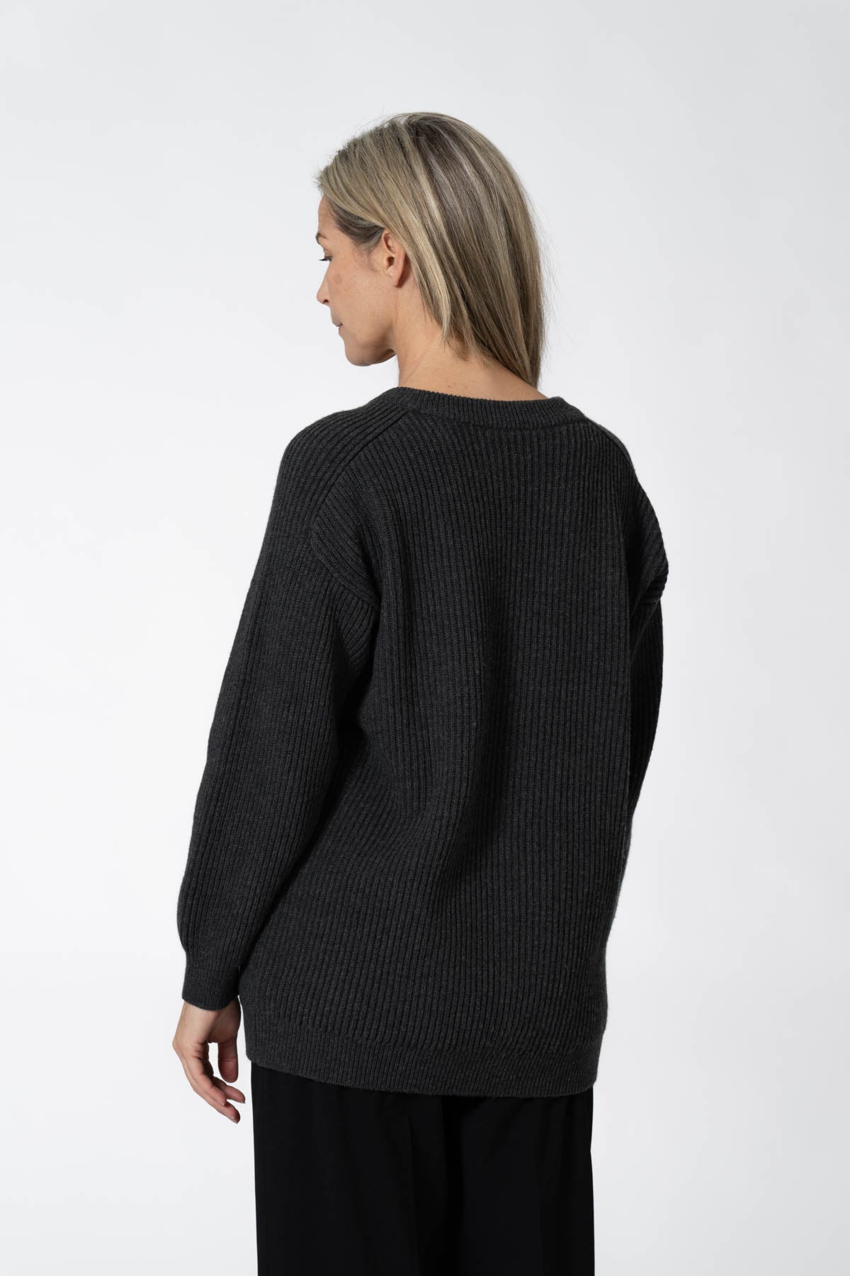 DINADI Merino Rib Cardigan in Charcoal Grey FALL 23/24
