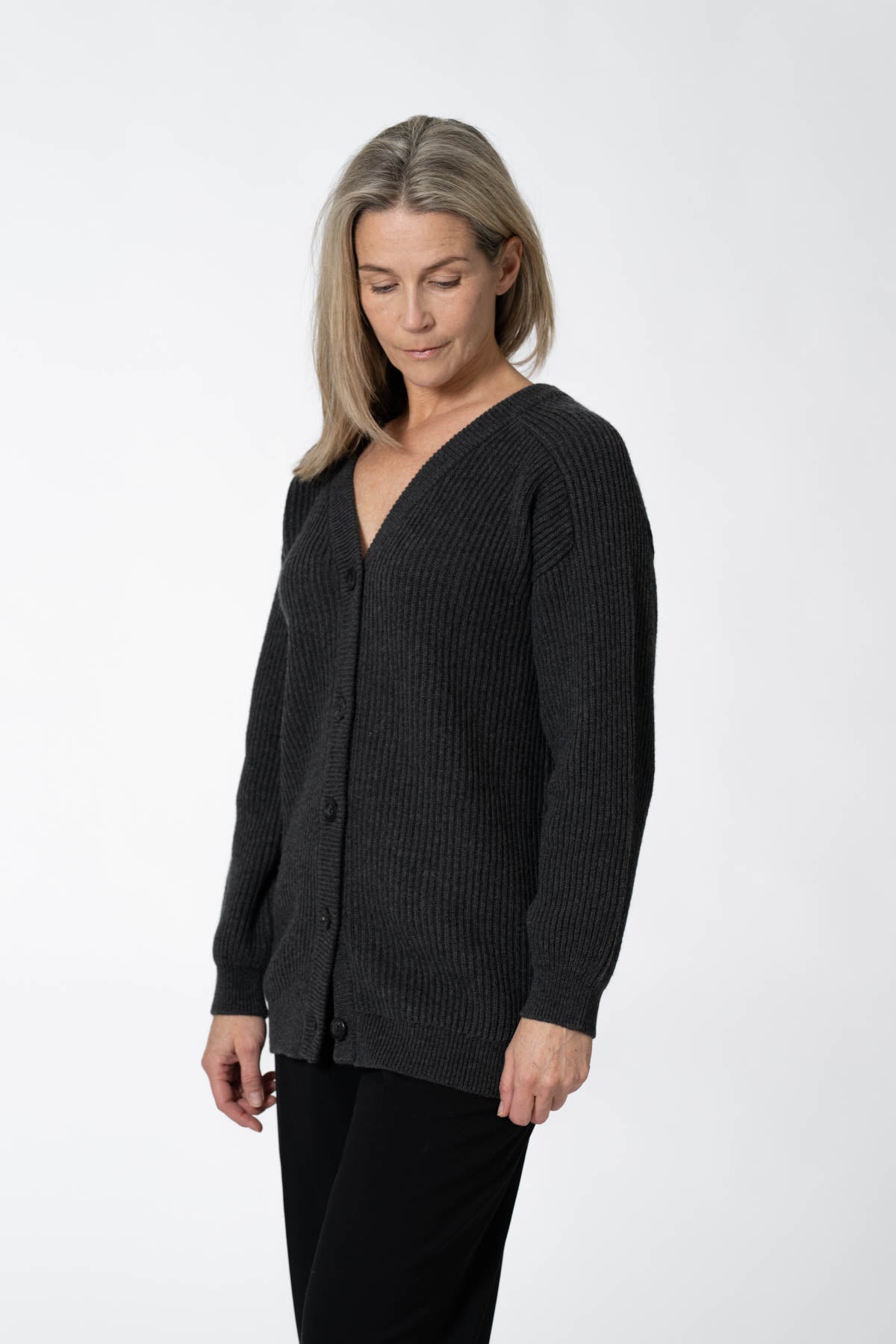 DINADI Merino Rib Cardigan in Charcoal Grey FALL 23/24