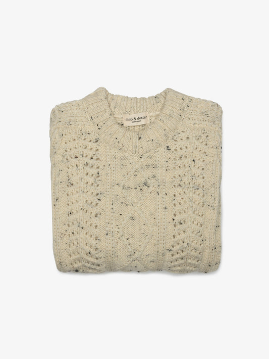 Milo & Dexter - FW24 - Hand Knit Wool Classic Sweater in Natural Peppered - on display folded 2
