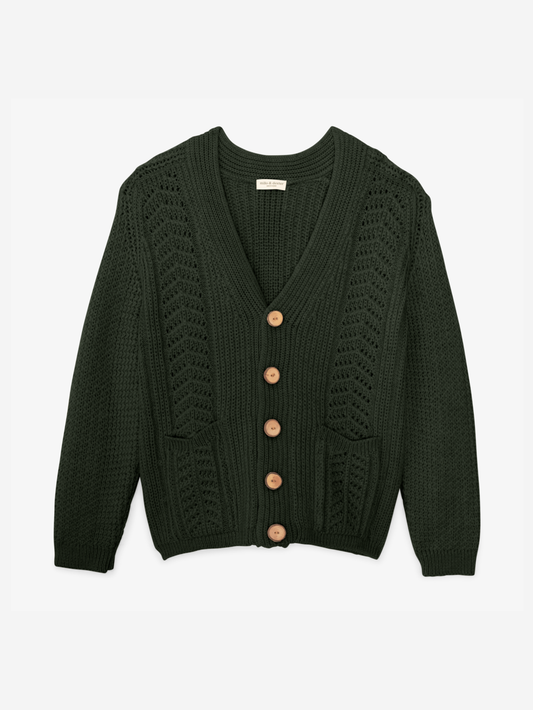Milo & Dexter - Hand Knit Wool Classic Cardigan in Forest Green - on display 1