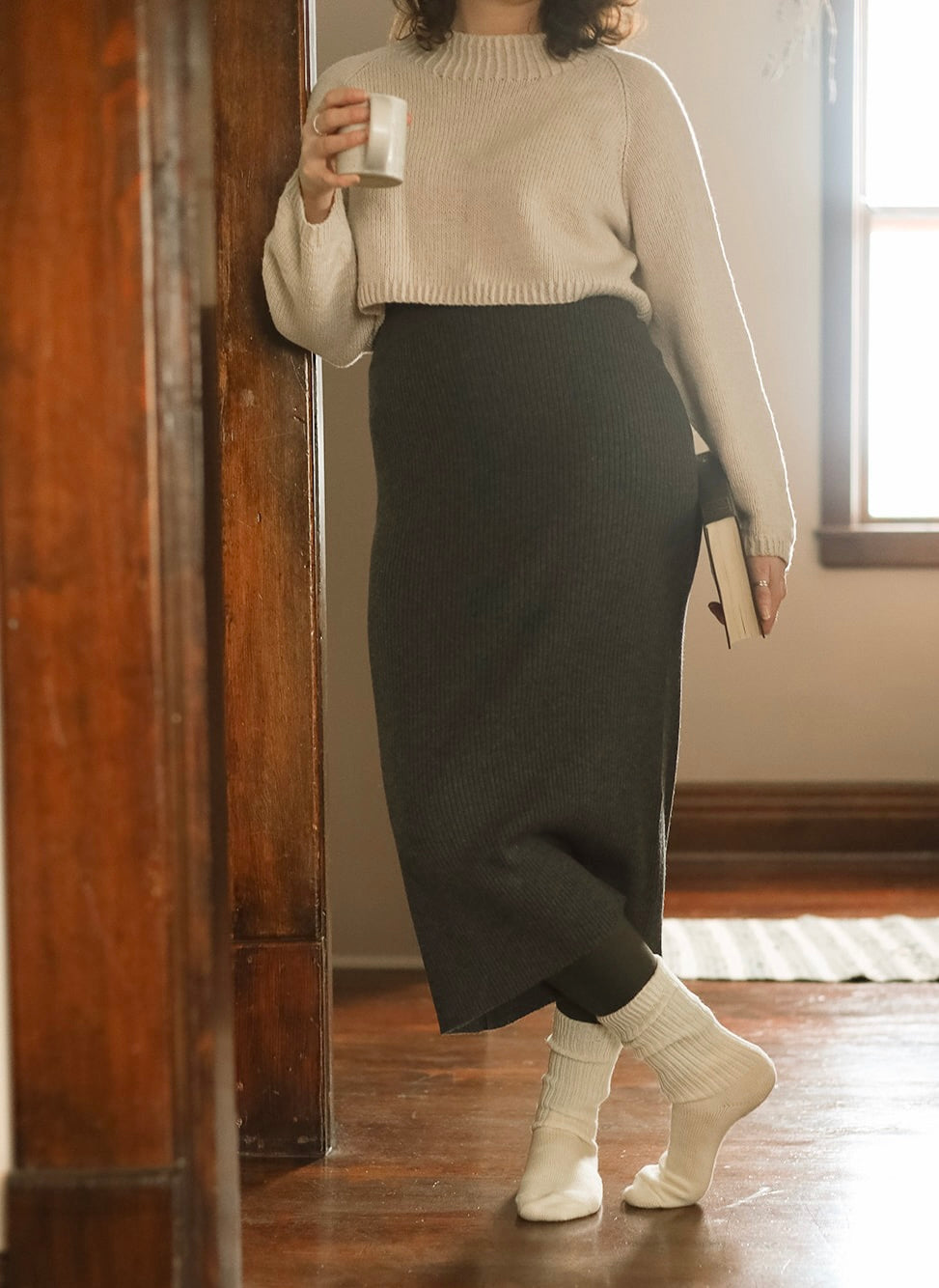 FW23-Dinadi-Merino Rib Skirt-Charcoal
