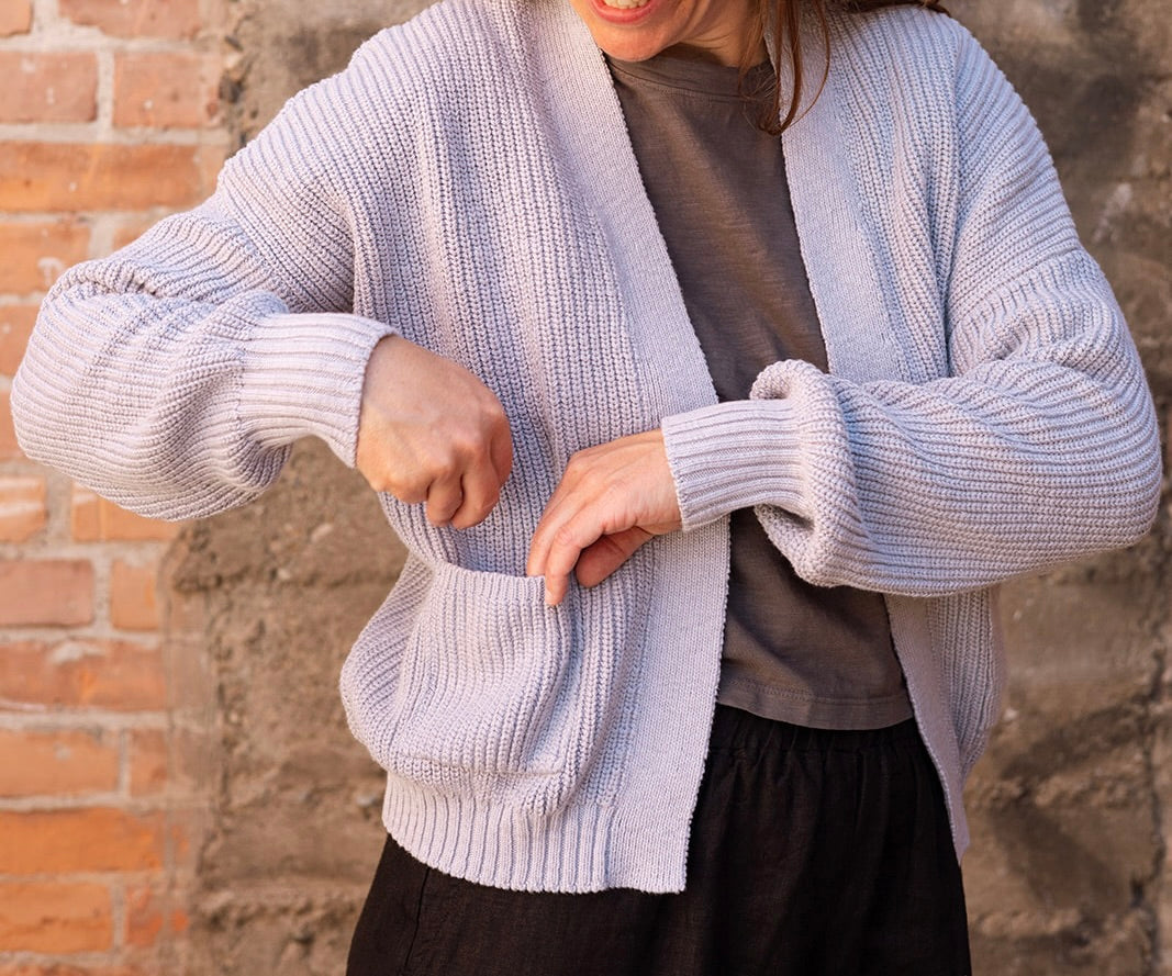Ss24 - It is Well L.A - Easy Cardigan in Heather Blue - on model close-up pocket 4