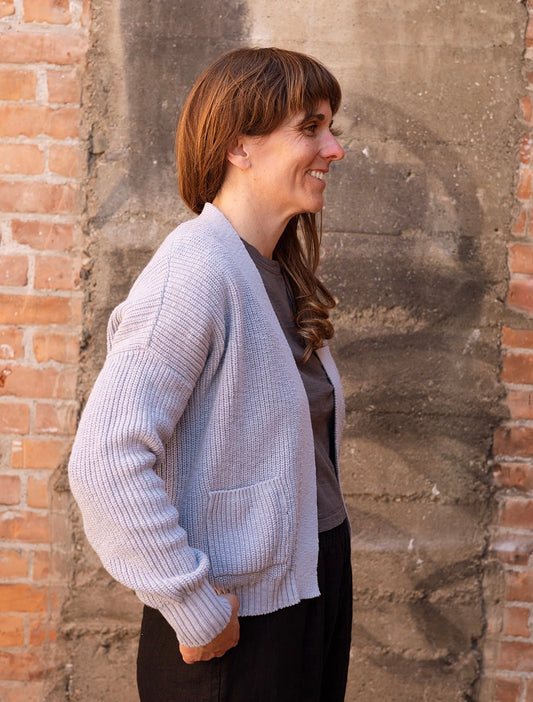 Ss24 - It is Well L.A - Easy Cardigan in Heather Blue - on model side 2