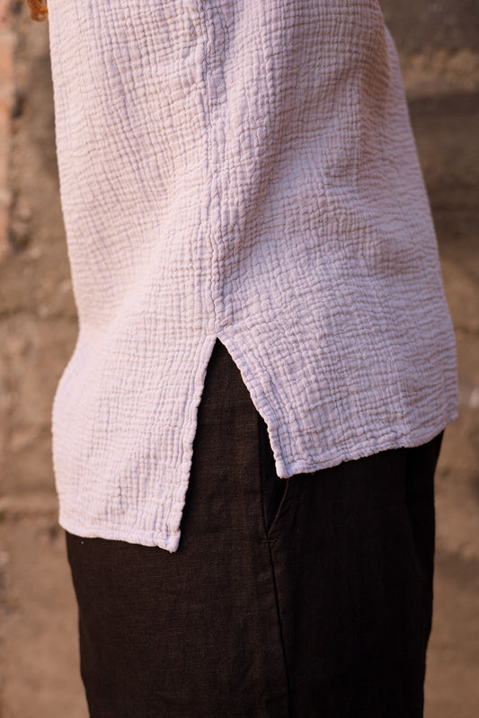 SS24 - It is Well L.A - Organic Gauze Sleeveless Top in Heather Blue - on model side close-up 2