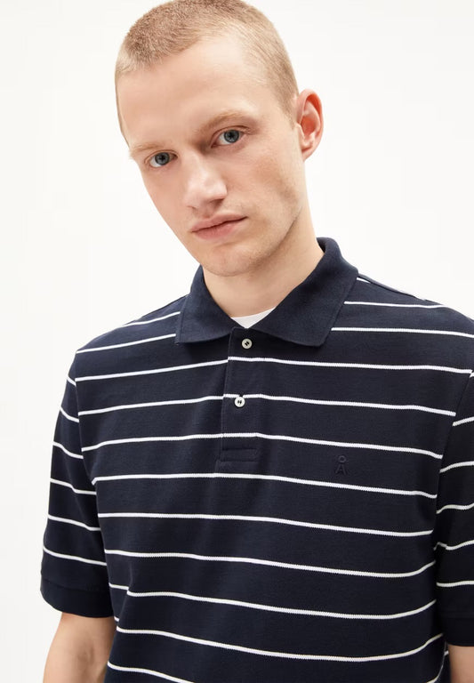 SS25 - ARMEDANGELS - Maario Stripes Polo Shirt in Night Sky-Broken White - close up front 2