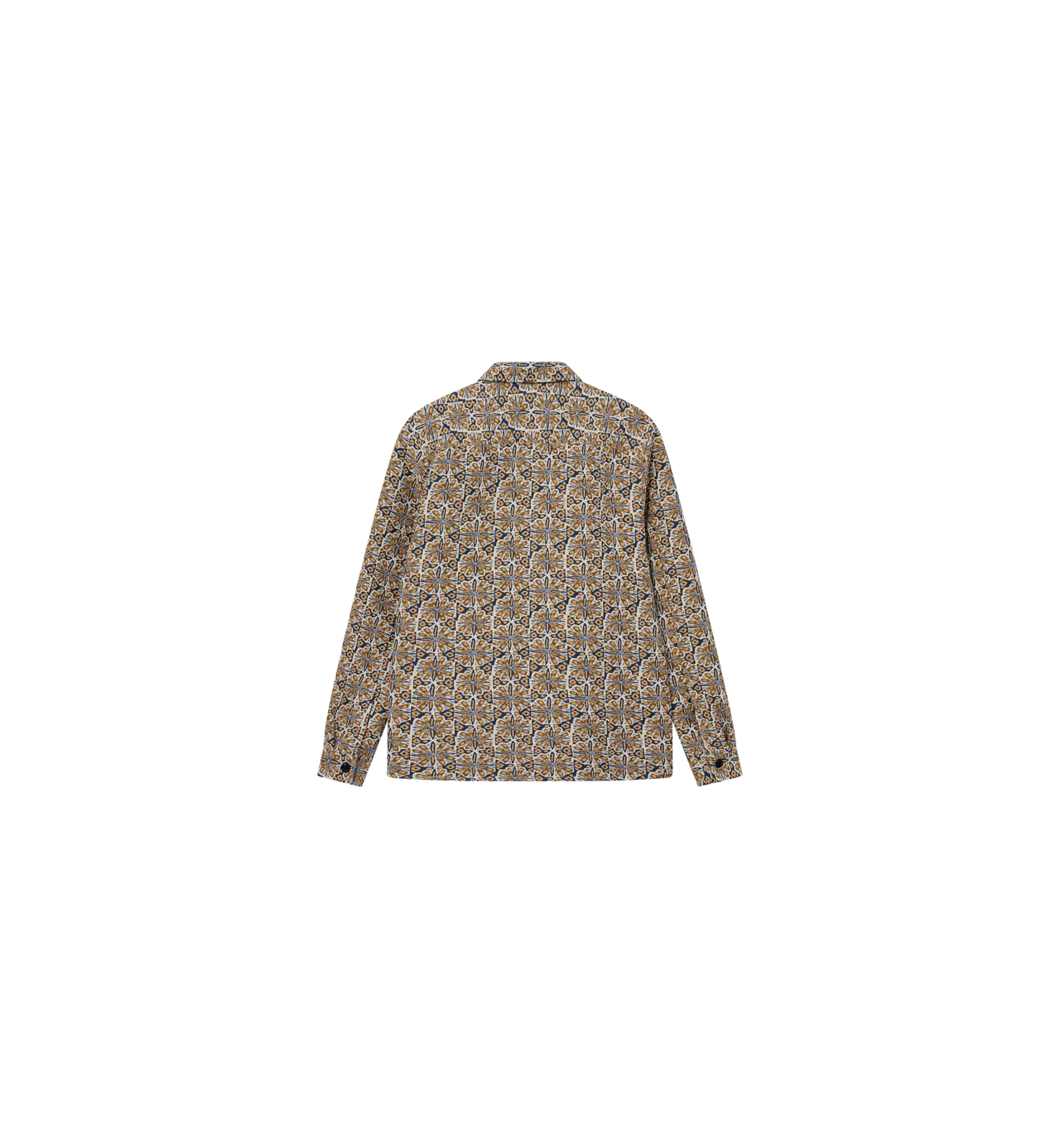 Mos Mosh Gallery mens unisex patterned long sleeve collared shirt back view David Devea overshirt clear blue