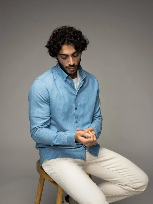 SS25 - Mos Mosh Gallery - Marco Chambray Shirt in Marine Blue - front 2