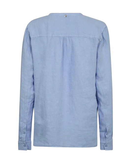 MOS MOSH Danna Linen Blouse Brunnera Blue – women's breathable linen top, Canada flatlay of back