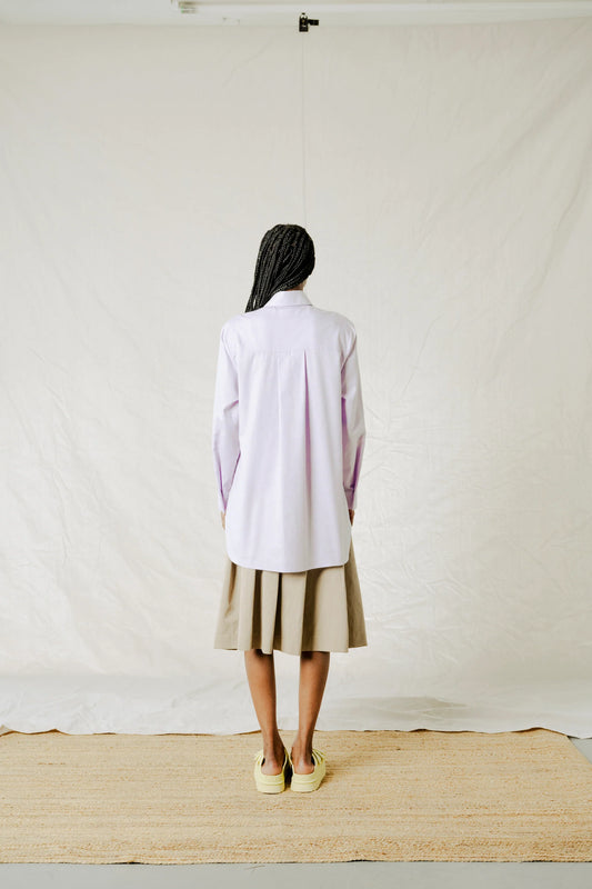 BodyBag By Jude Brandon Shirt in Lavender back view - ethically made cotton shirt with back pleat - sustainable fashion Okanagan