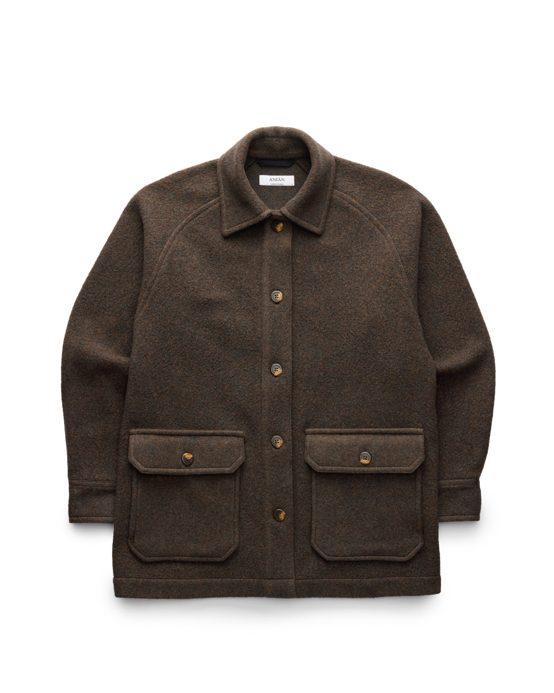 Anian jacket brown wool coat button front field jacket with two front flap pockets and shirt collar in kelowna