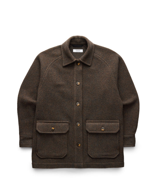 Anian jacket brown wool coat button front field jacket with two front flap pockets and shirt collar in kelowna