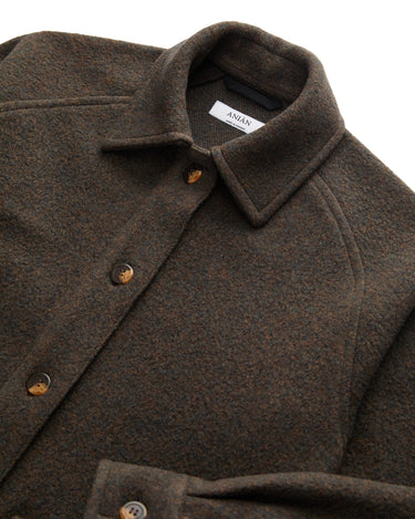 Anian Jackets brown wool coat button up jacket with spread collar and horn buttons close up texture in kelowna