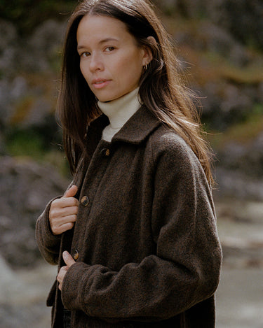 Anian jacket brown wool button front collared jacket for women styled with cream turtleneck in kelowna