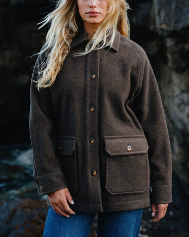 Anian brown wool button front jacket with flap pockets worn by model outdoors Jackets in kelowna