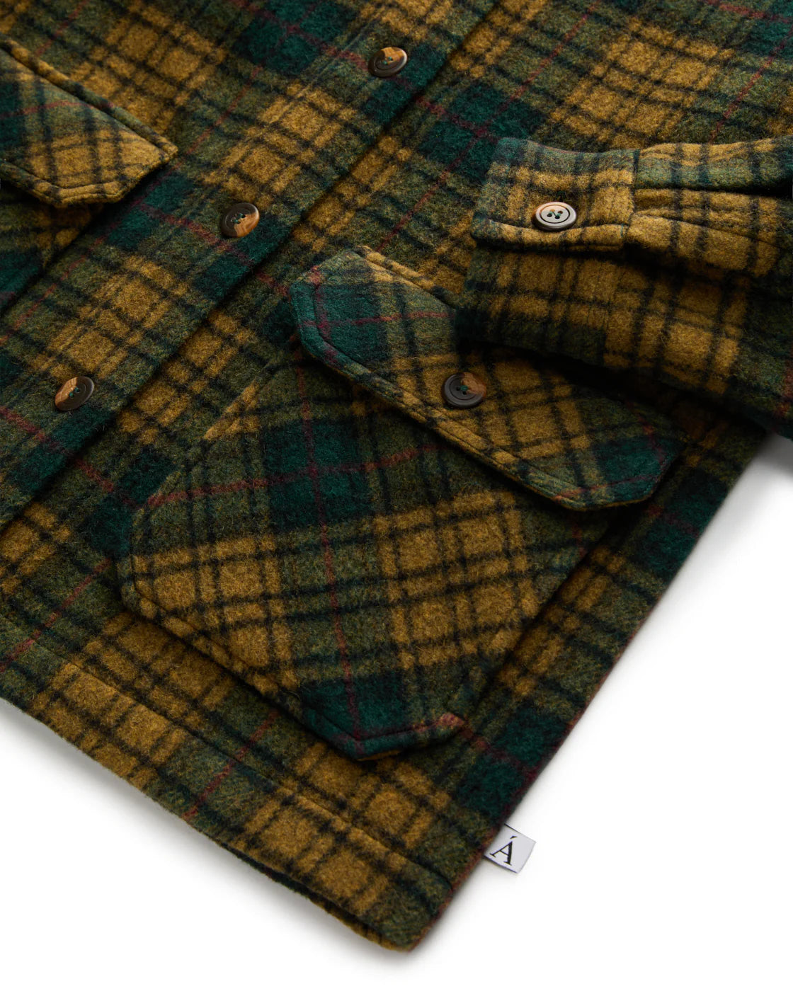 Anian Georgia coat plaid in green and yellow, featuring button closure and spacious pockets in Kelowna