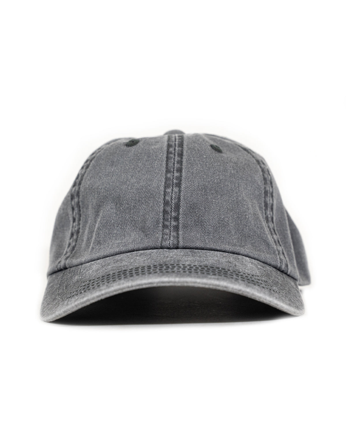 Anian washed charcoal gray cotton baseball hat front view with curved brim and stitched panels in Kelowna