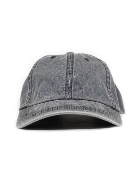 Anian washed charcoal gray cotton baseball hat front view with curved brim and stitched panels in Kelowna