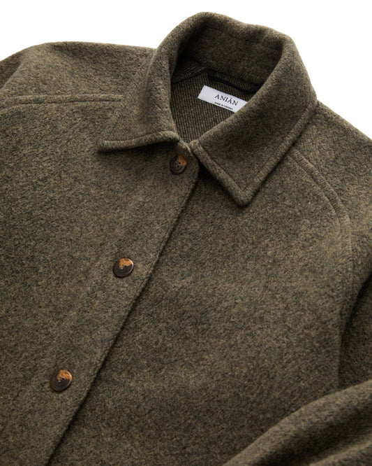 Anian olive wool button front loft coat with classic collar and textured warm fabric in Kelowna